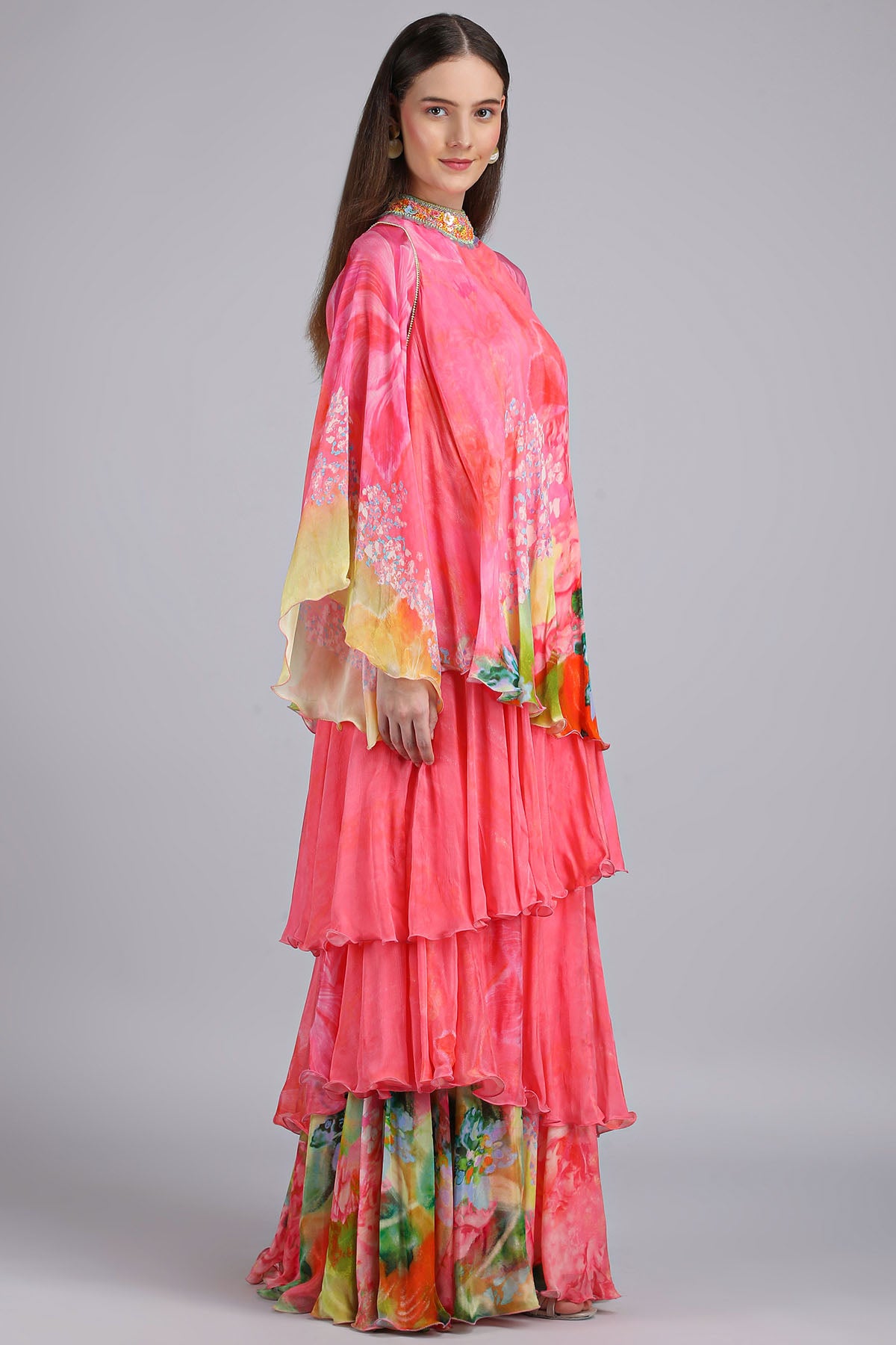 Pink Floral Four Layered Dress