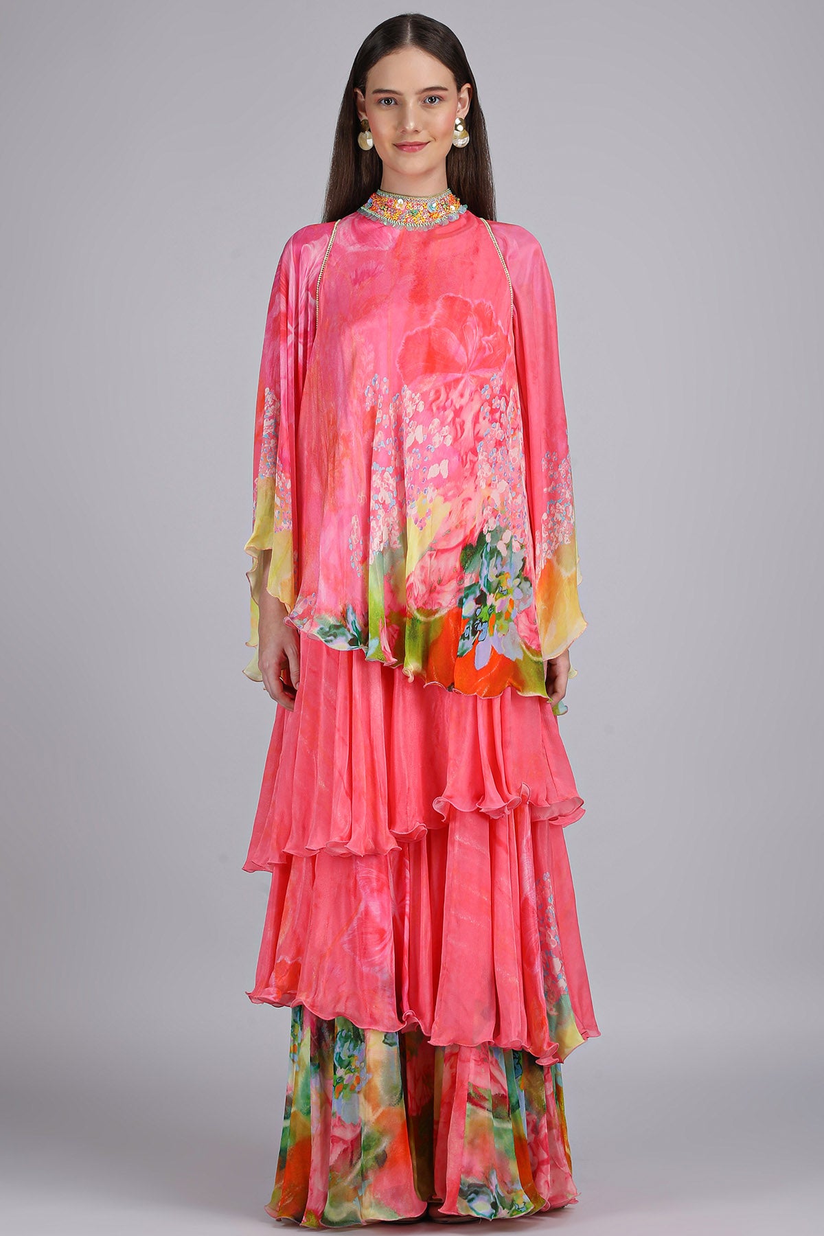 Pink Floral Four Layered Dress