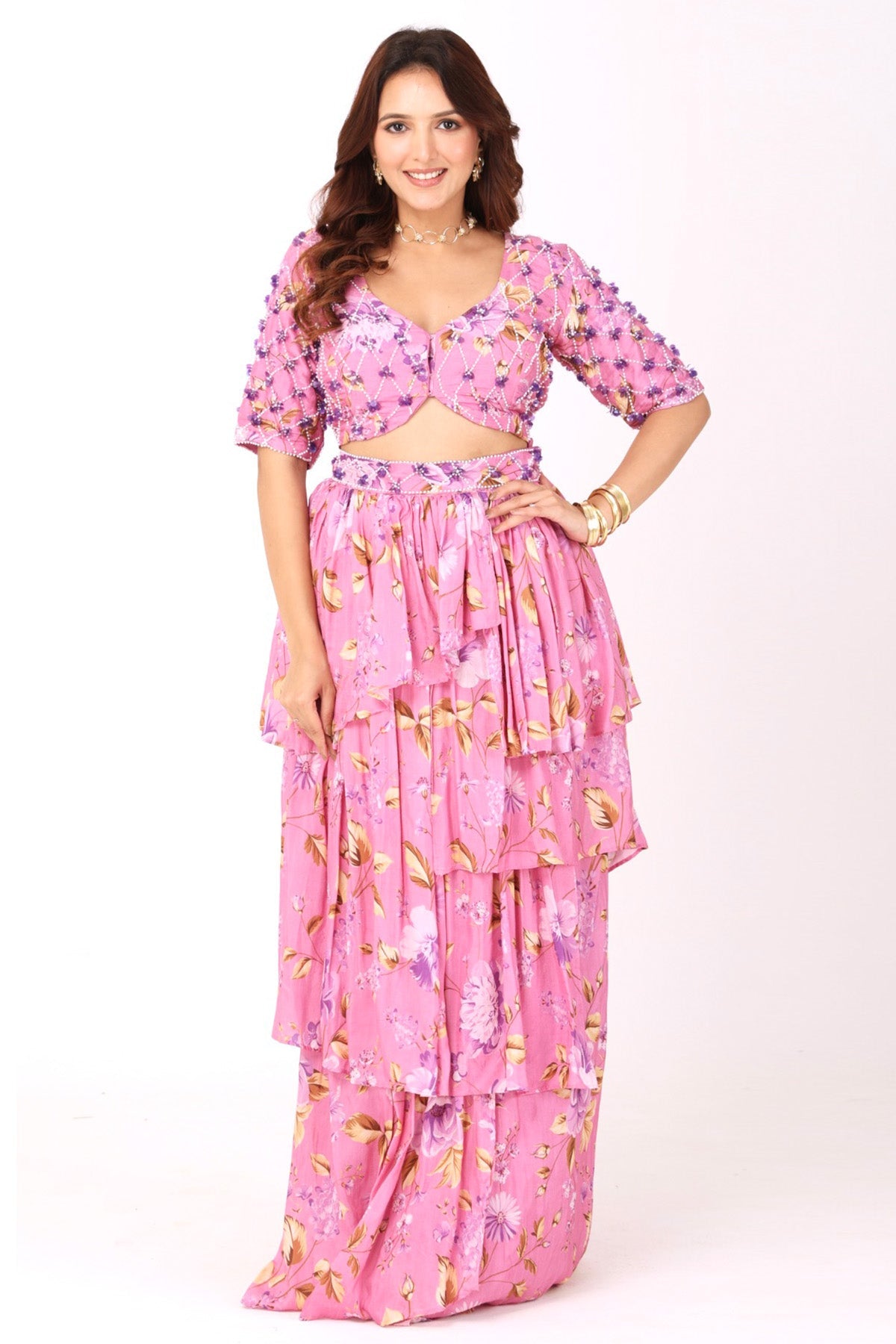 Buy Pink Floral Layered Lehenga Set for women by Namita Sharma Designer online available at scrollnshops