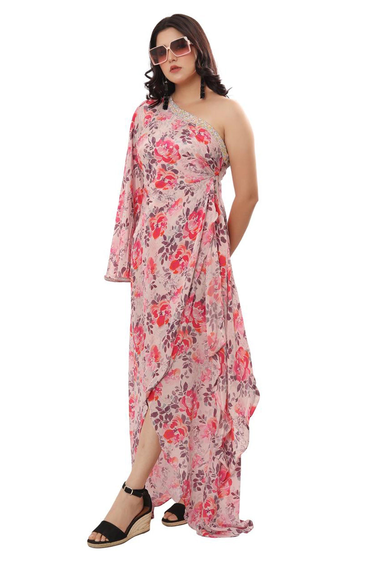 Niyami Pink Floral One Shoulder Dress at ScrollnShops