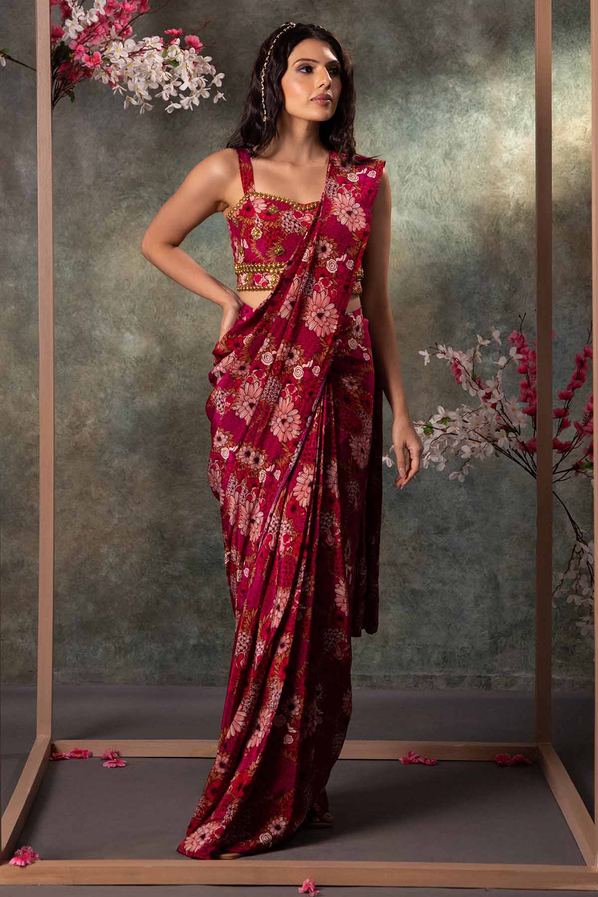 Buy Pink Floral Pre-Draped Saree by Mehak Murpana for women online at ScrollnShops