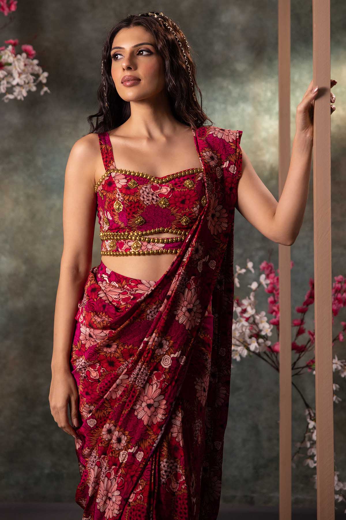 Pink Floral Pre-Draped Saree