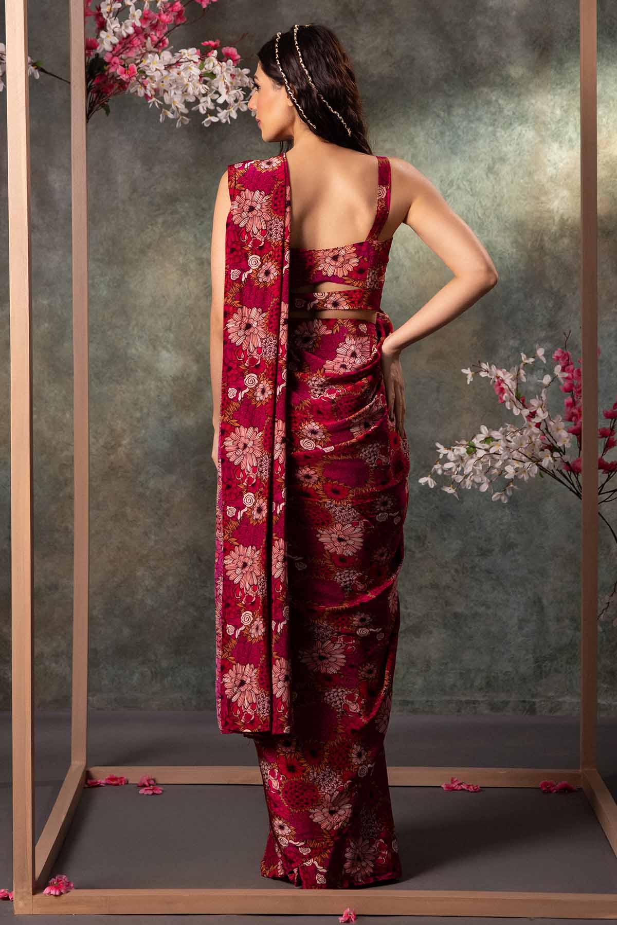 Pink Floral Pre-Draped Saree