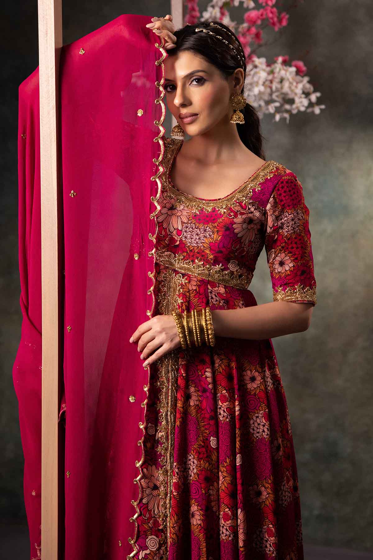 Pink Floral Print Anarkali Set