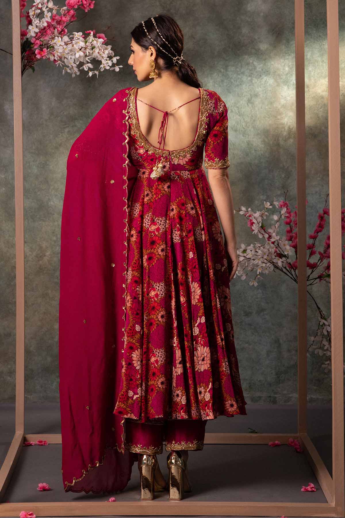 Pink Floral Print Anarkali Set