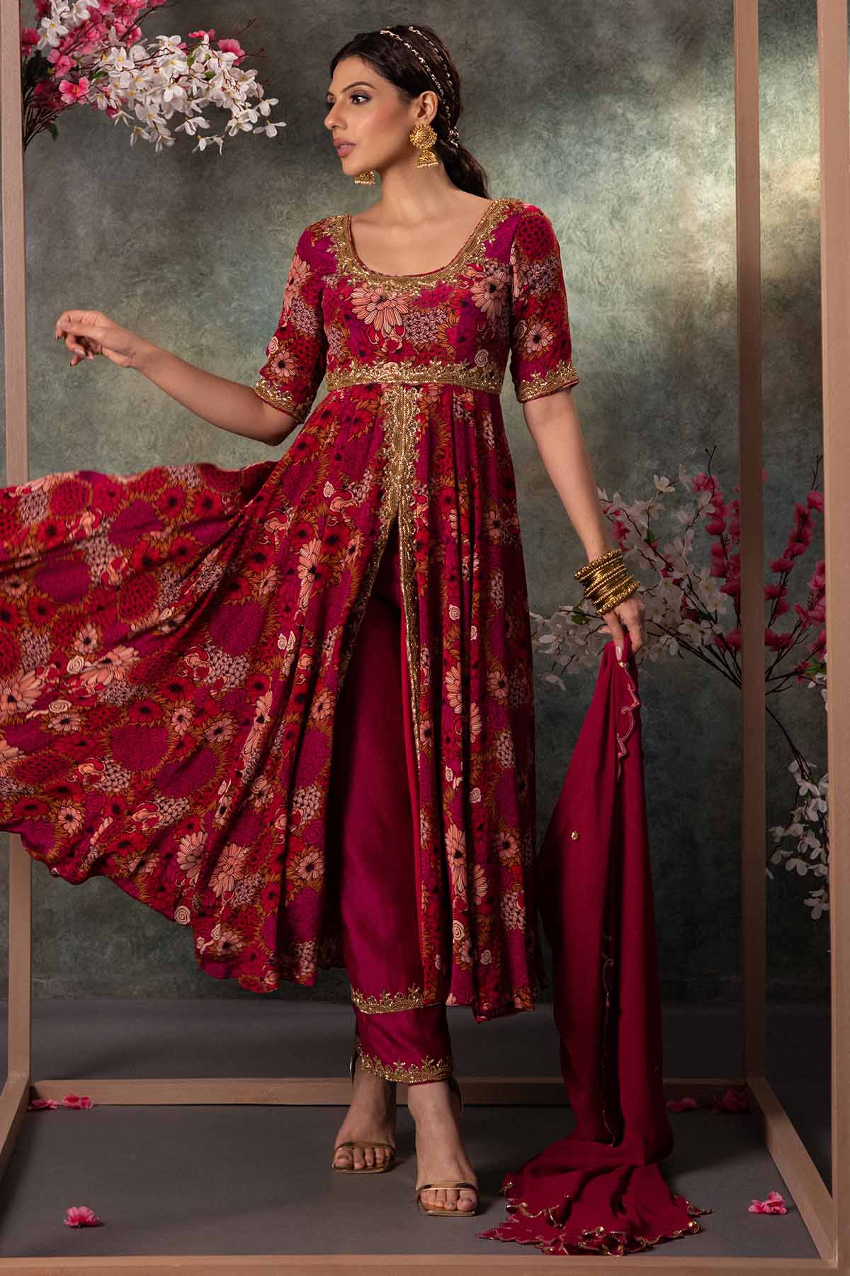 Pink Floral Print Anarkali Set