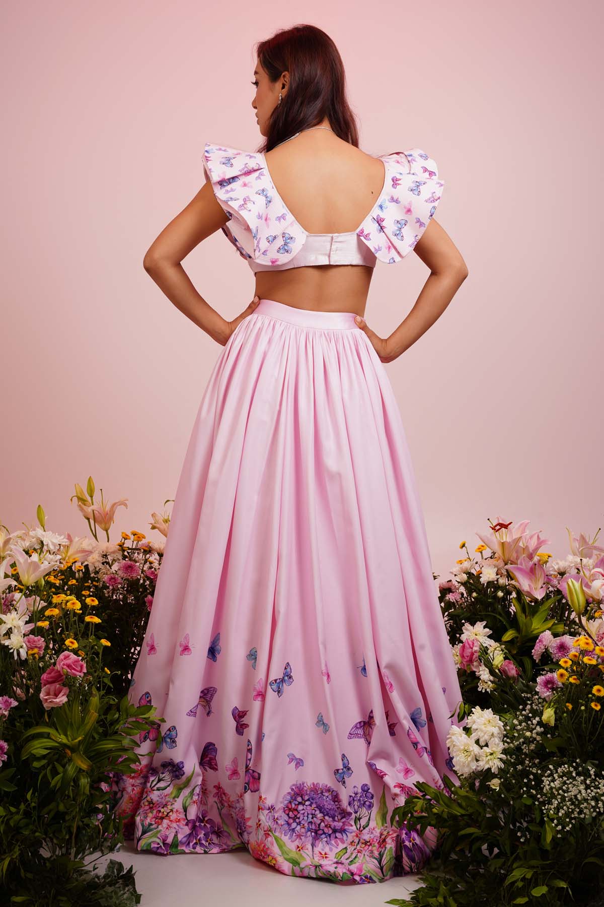 Pink Floral Print Lehenga Set