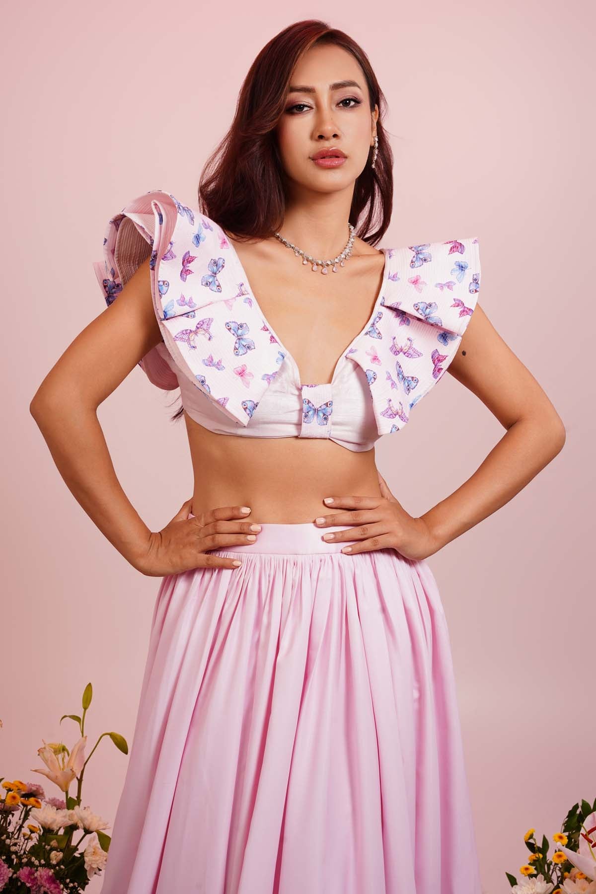 Pink Floral Print Lehenga Set