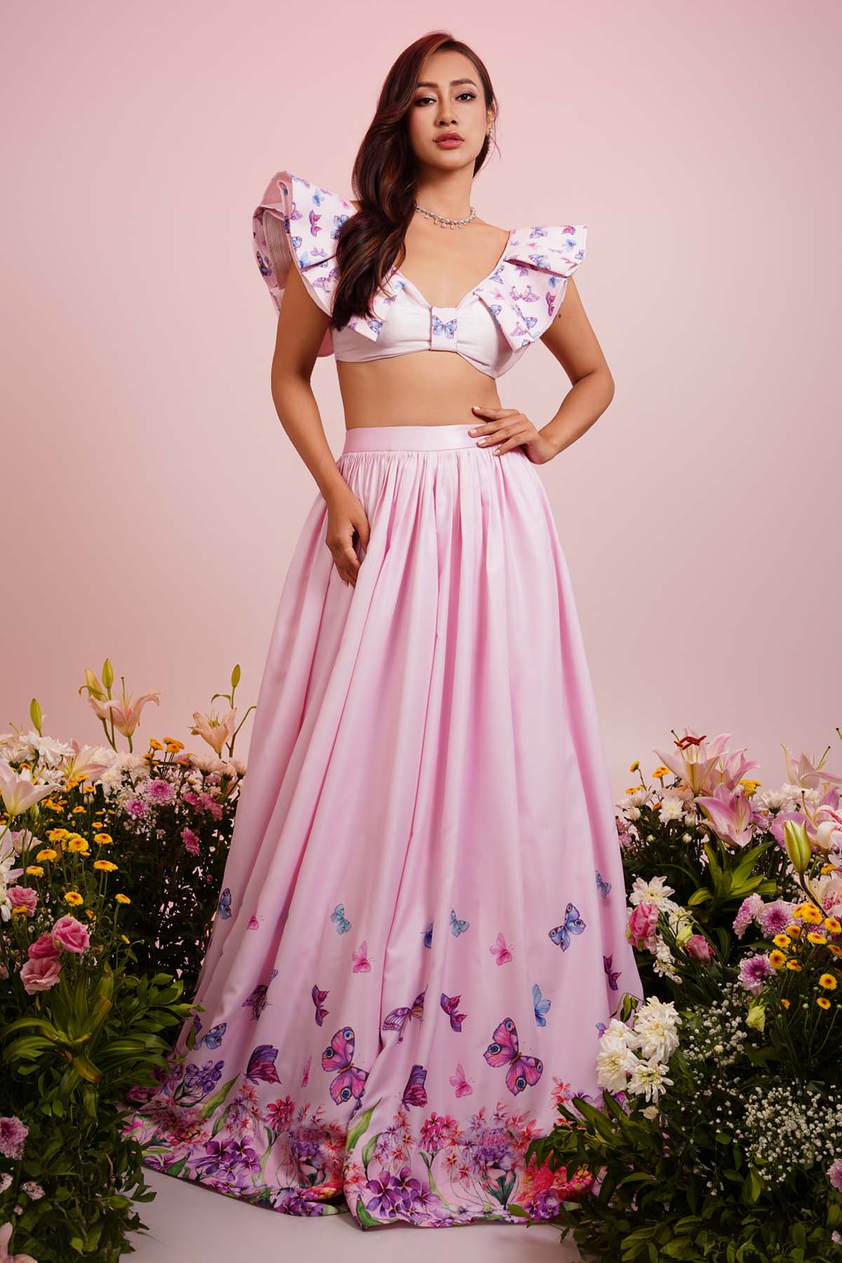 Pink Floral Print Lehenga Set