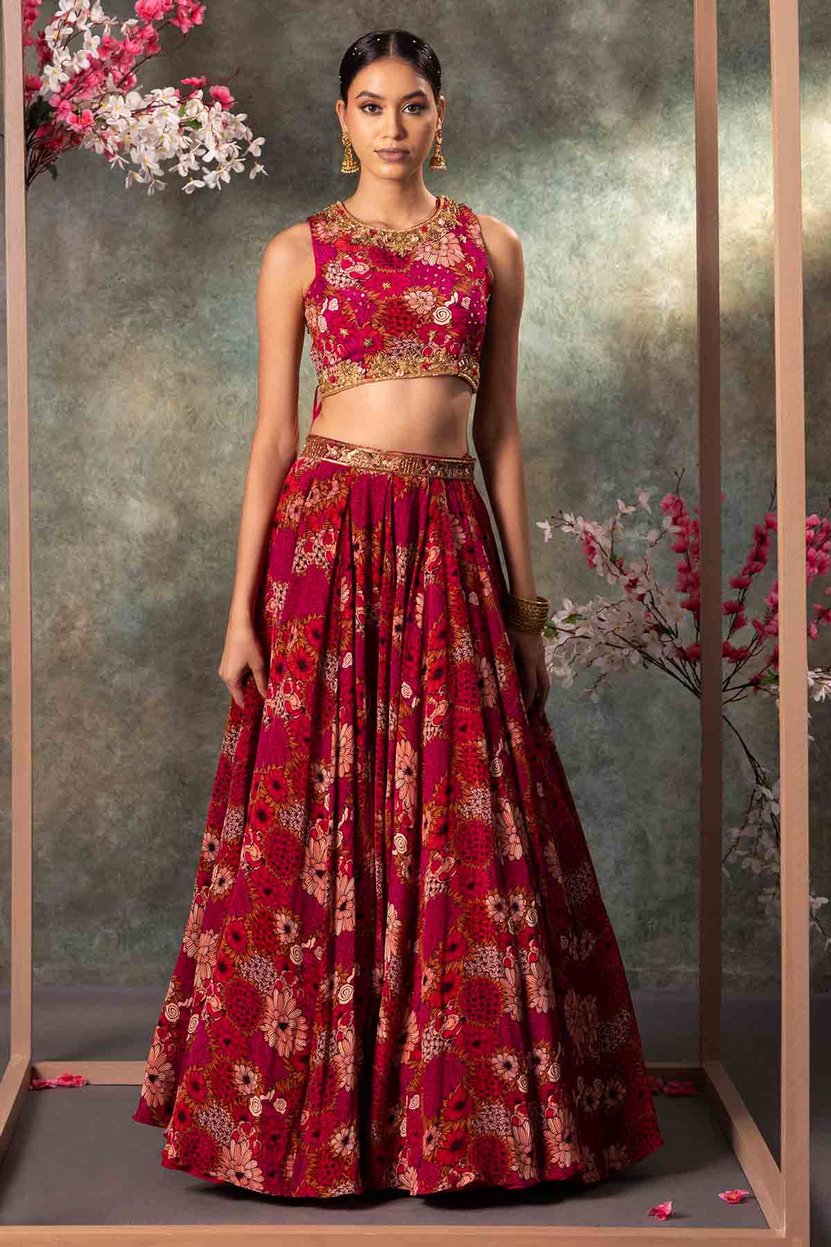 Buy Pink Floral Printed Lehenga Set by Mehak Murpana for women online at ScrollnShops