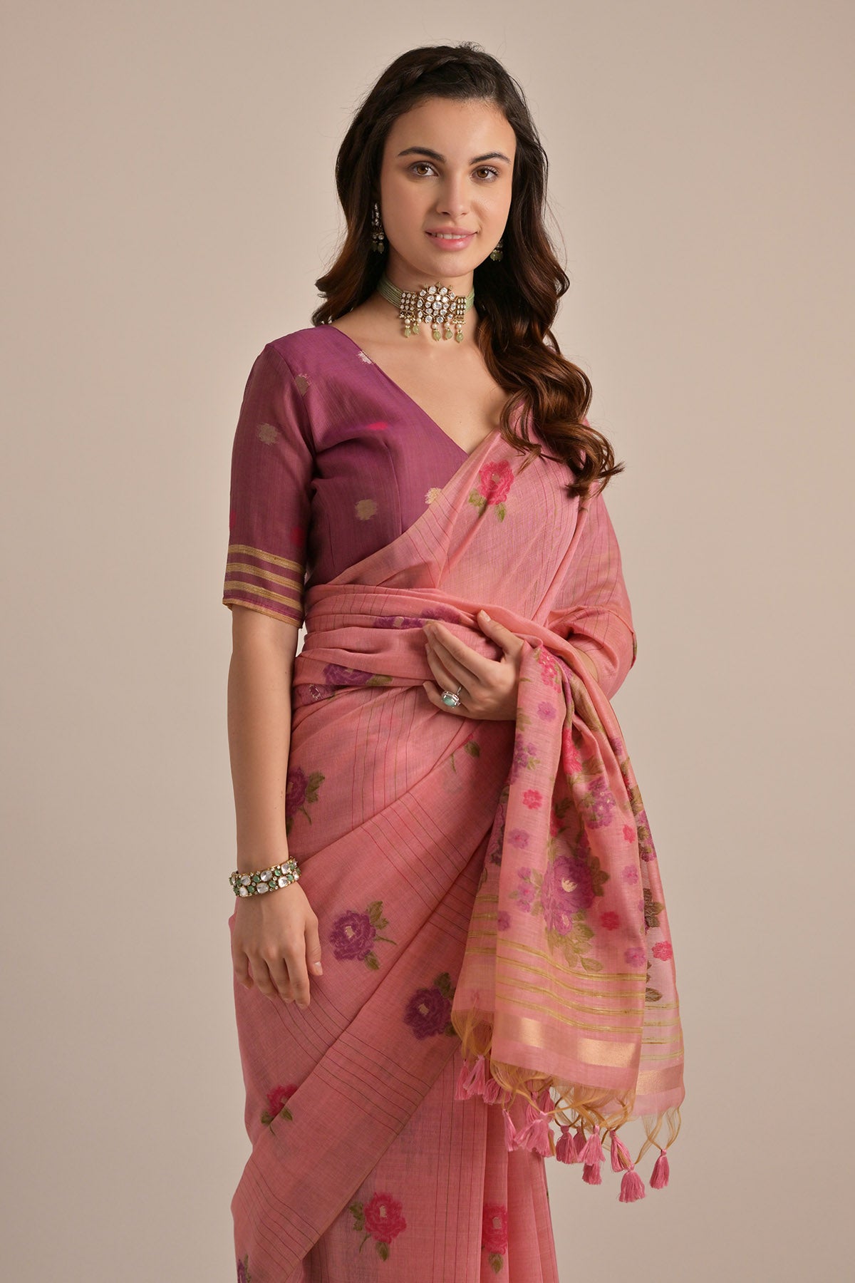 Pink Floral Thread Work Saree