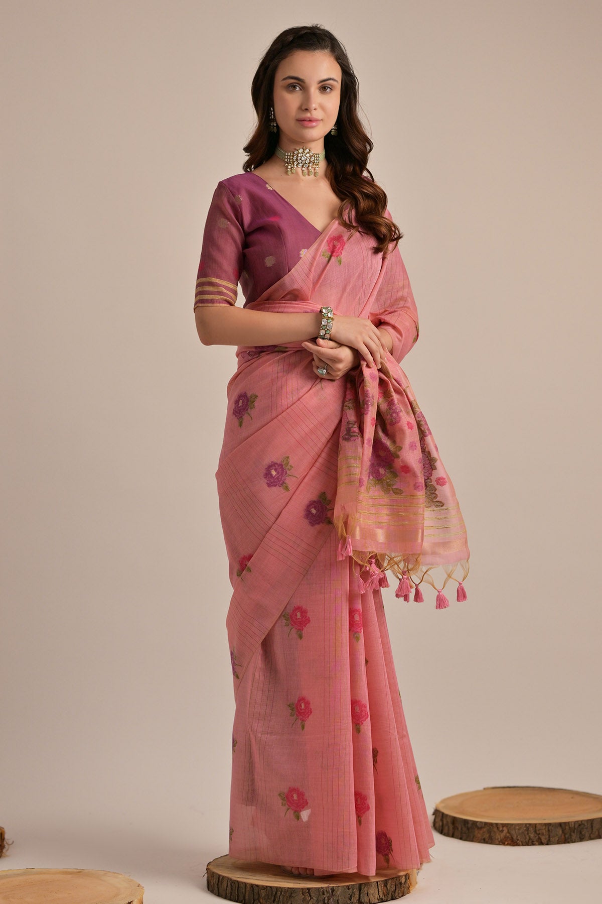 Pink Floral Thread Work Saree