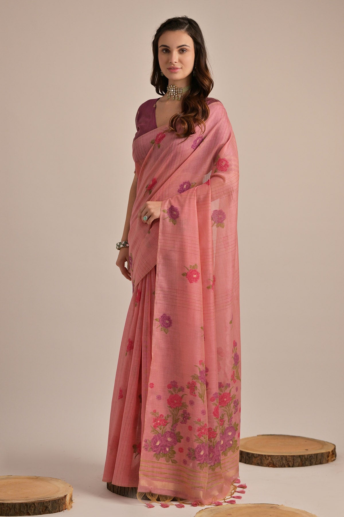 Buy Pink Floral Thread Work Saree by Lili Lala for women online at ScrollnShops