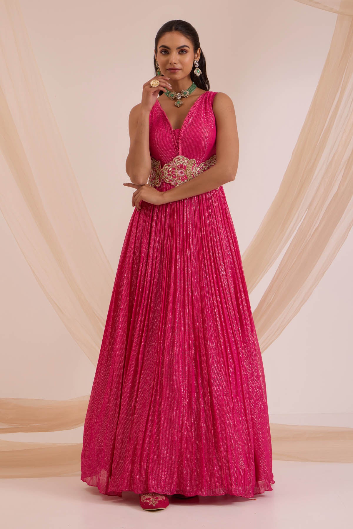 Pink Floral Work Anarkali Set