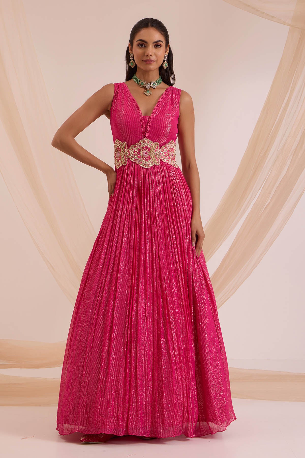 Pink Floral Work Anarkali Set