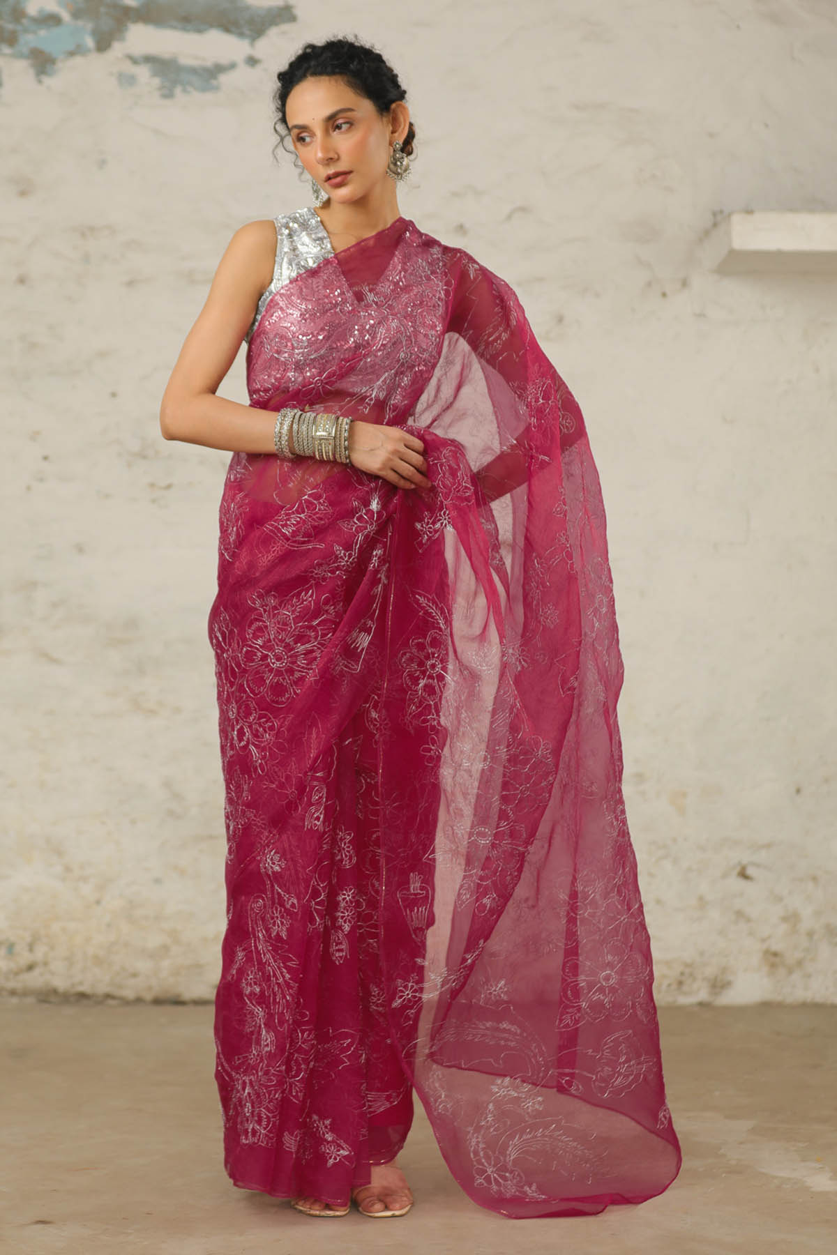 Saksham Neharicka Pink Floral Zari Saree & Blouse for women online at ScrollnShops