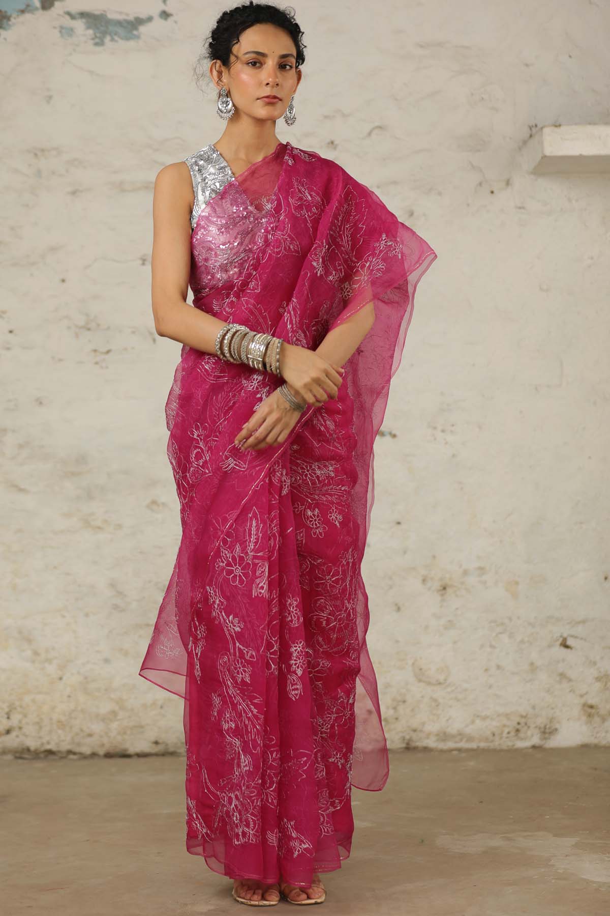 Pink Floral Zari Saree & Blouse