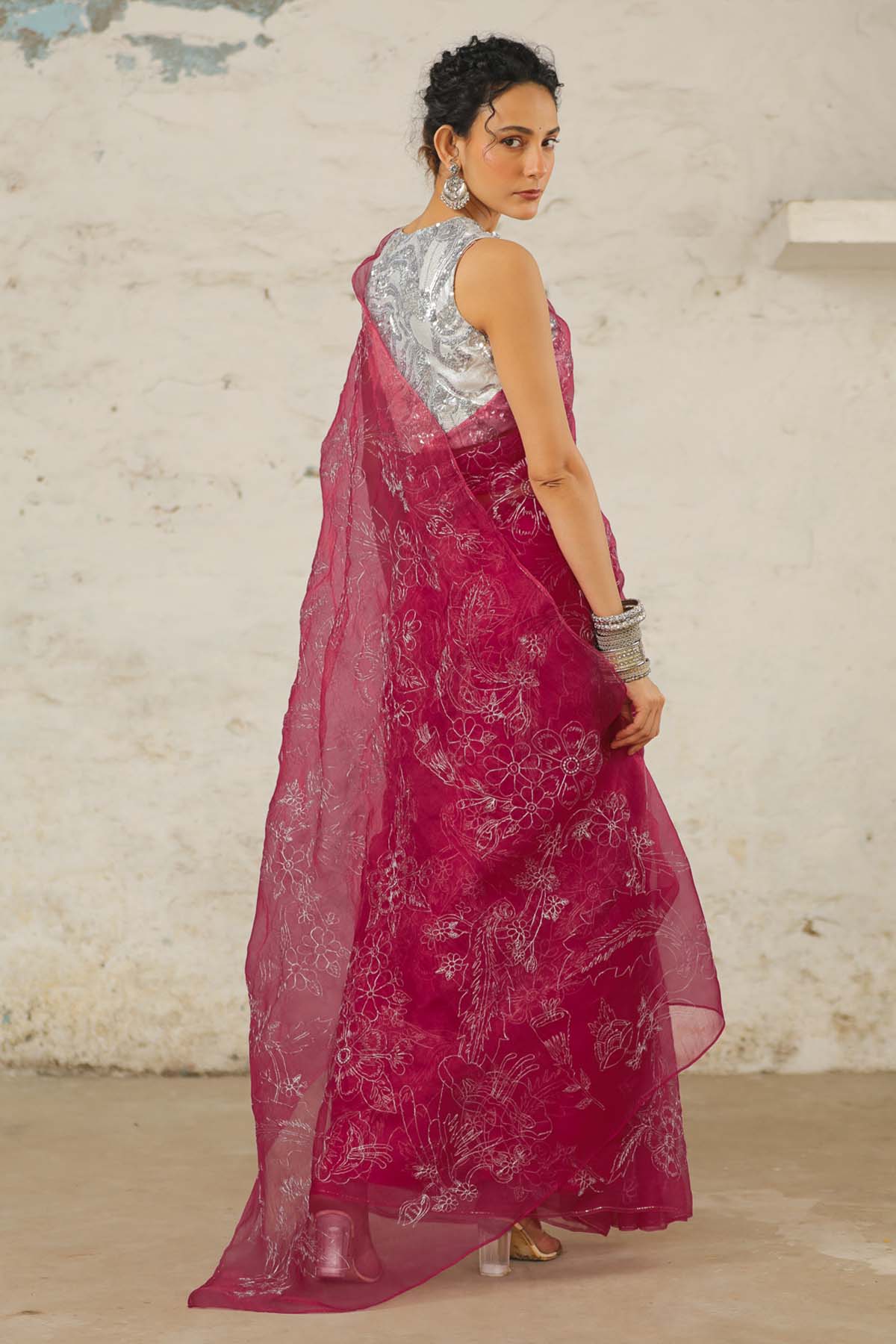 Pink Floral Zari Saree & Blouse