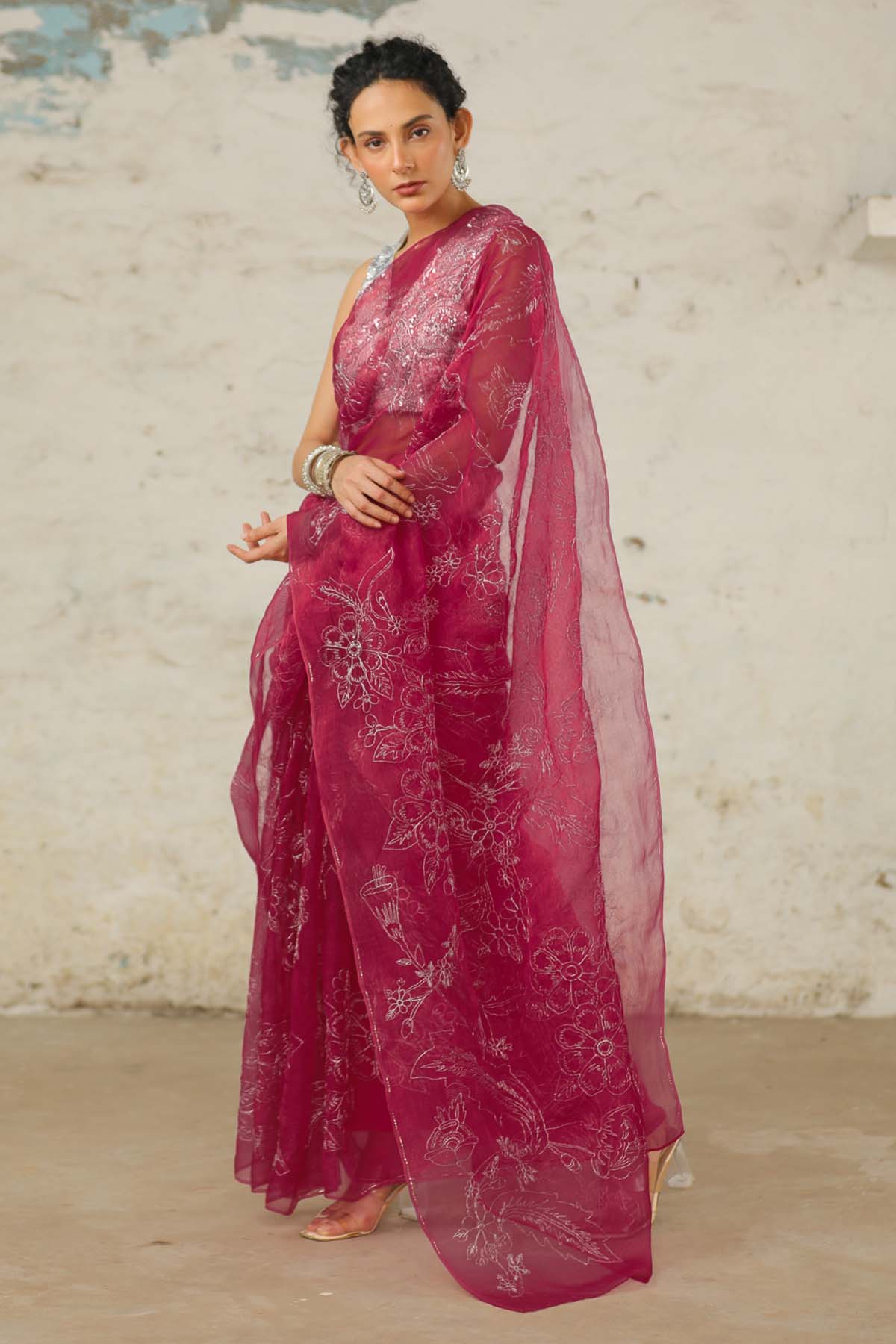 Pink Floral Zari Saree & Blouse