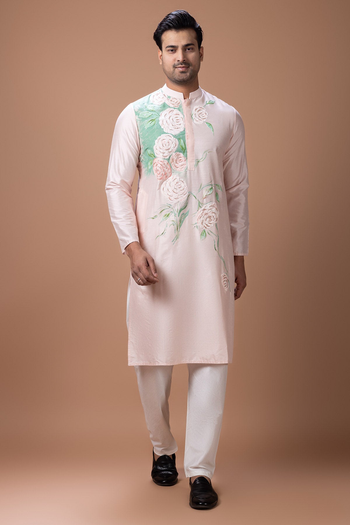 Buy Pink Flower Painted Kurta Set for men by Priyanka Haralalka online available at scrollnshops