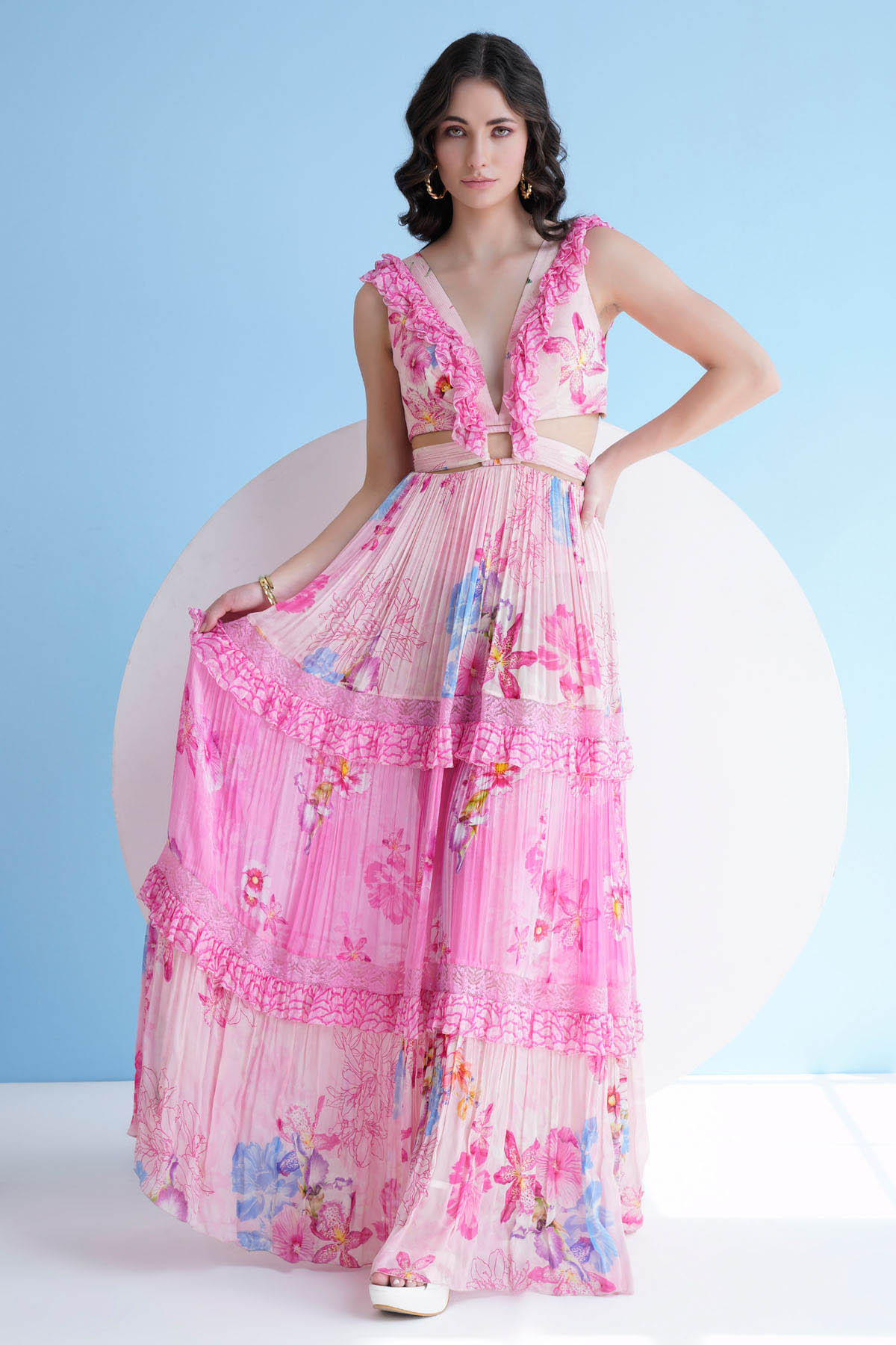 Buy Pink Frill Chiffon Long Dress by Mandira Wirk