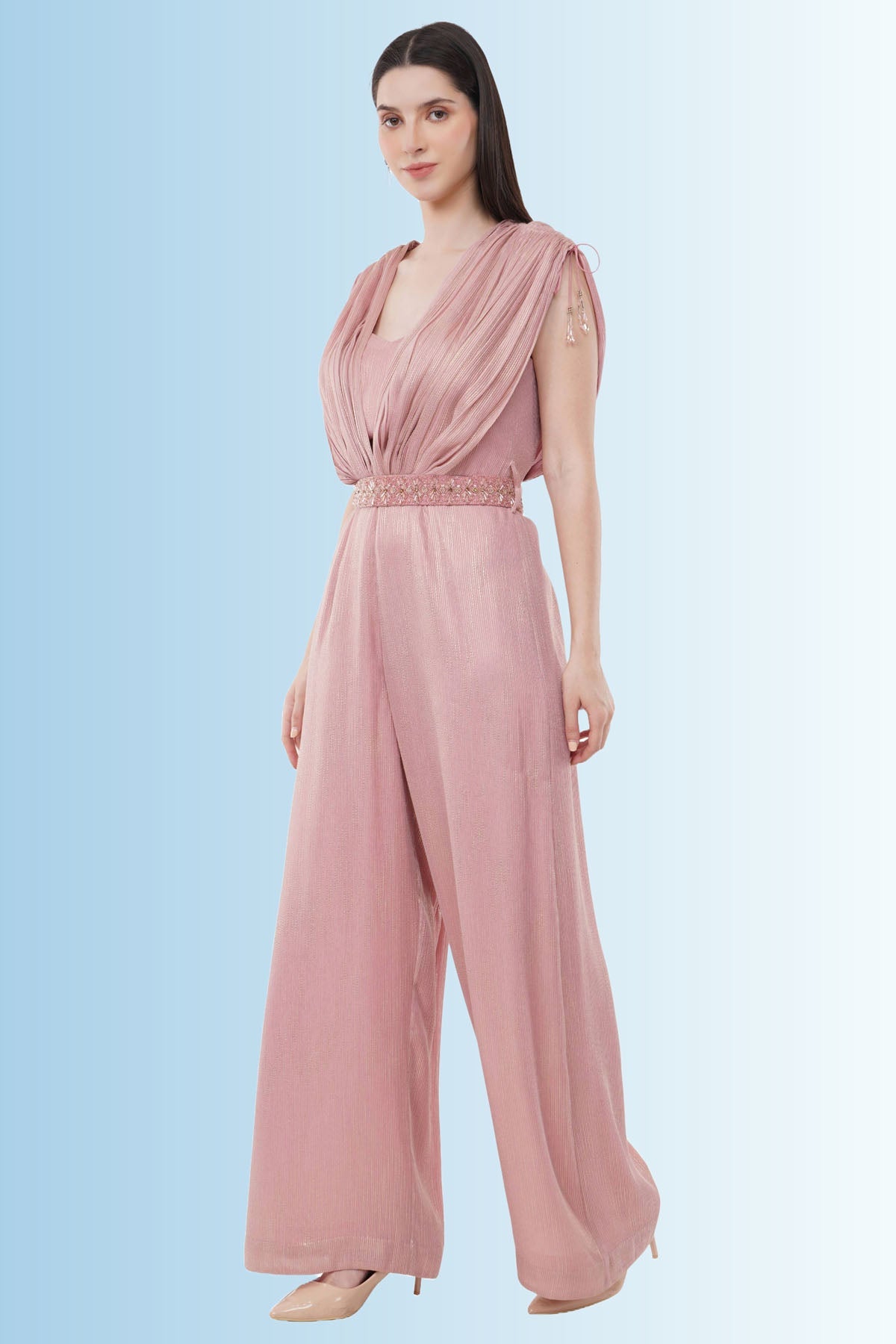 Anjali Kanwar Pink Gathered Jumpsuit & Belt for women online at ScrollnShops