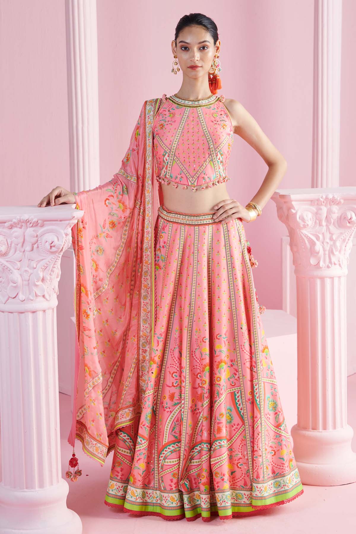 Buy Pink Geometric Print Lehenga Set by Mandira Wirk