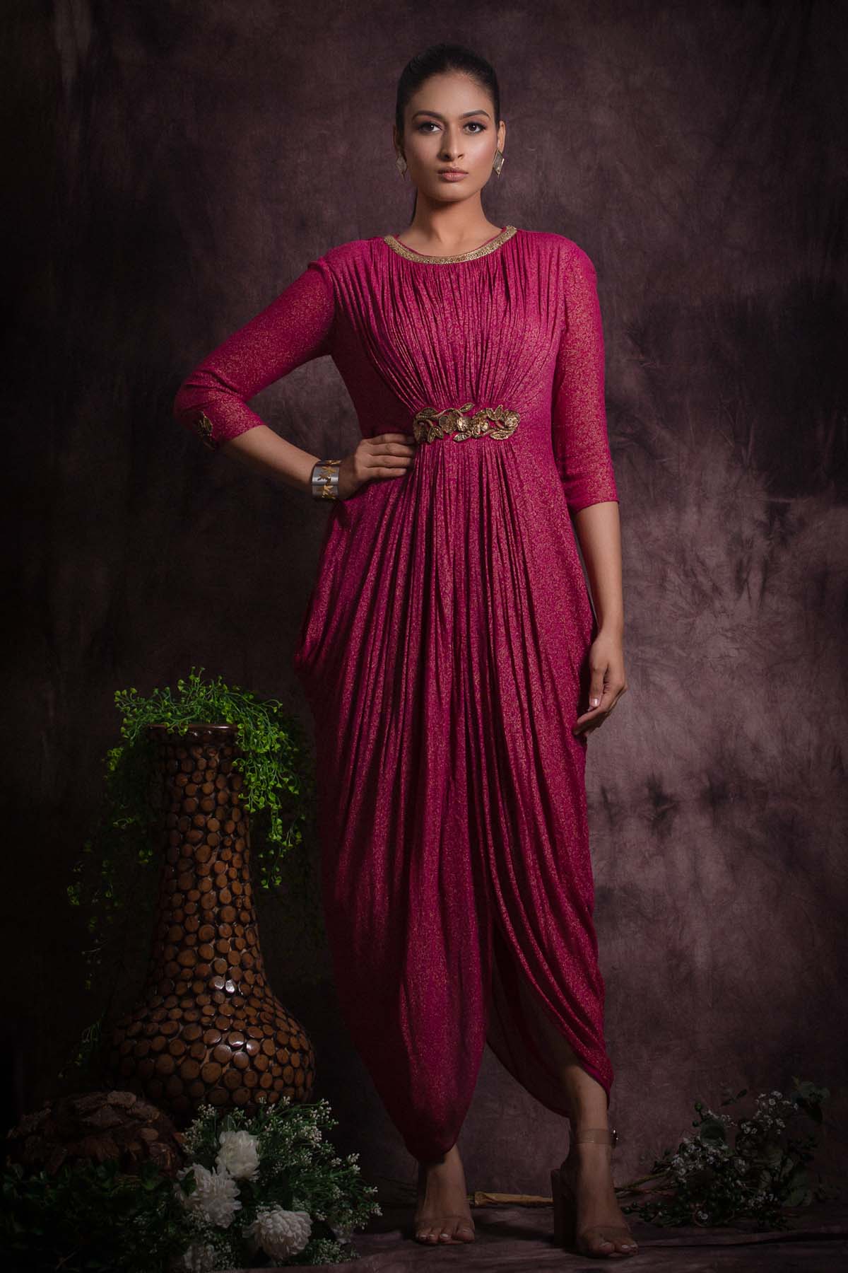 Pink Georgette Cowl Dress at ScrollnShops