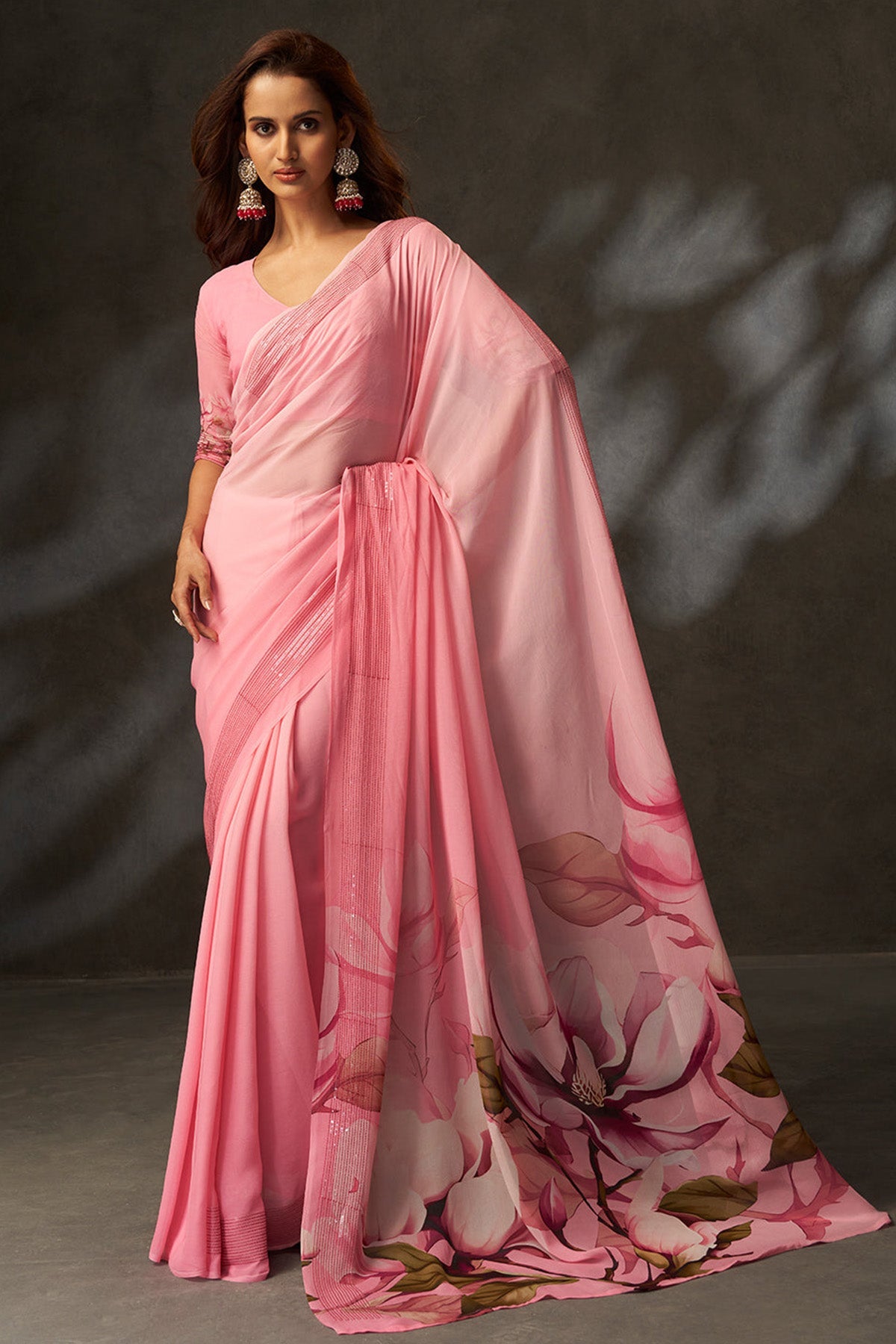 Buy Pink Georgette Digital Saree for women by Aastha Fashion online available at scrollnshops