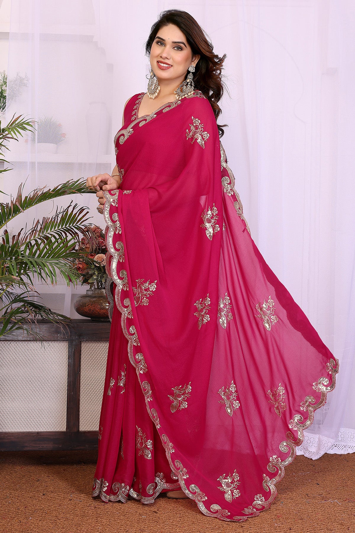 Pink Georgette Embroidery Saree