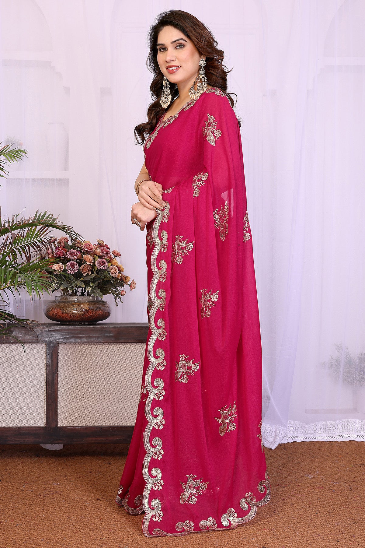 Pink Georgette Embroidery Saree