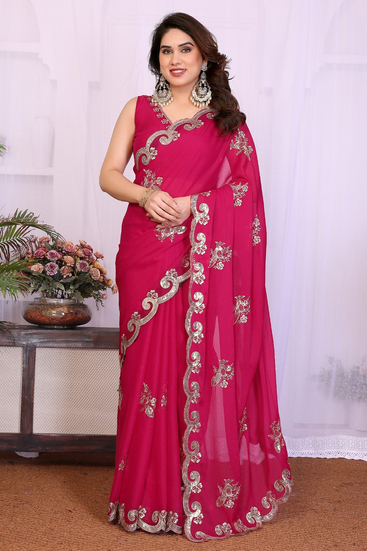 Buy Pink Georgette Embroidery Saree for women by Aastha Fashion online available at scrollnshops