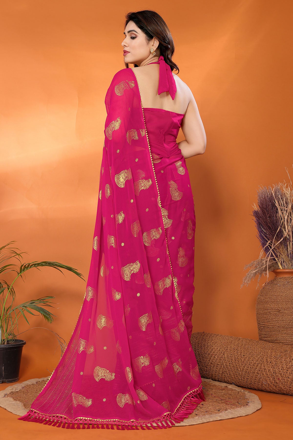 Pink Georgette Foil Work Saree