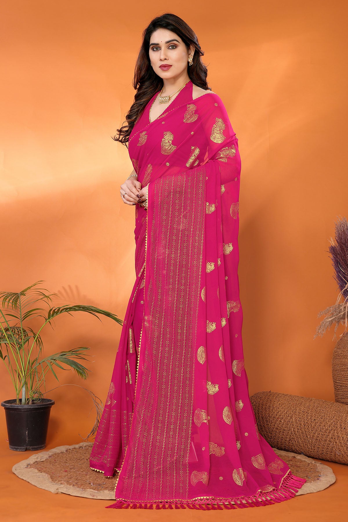 Pink Georgette Foil Work Saree