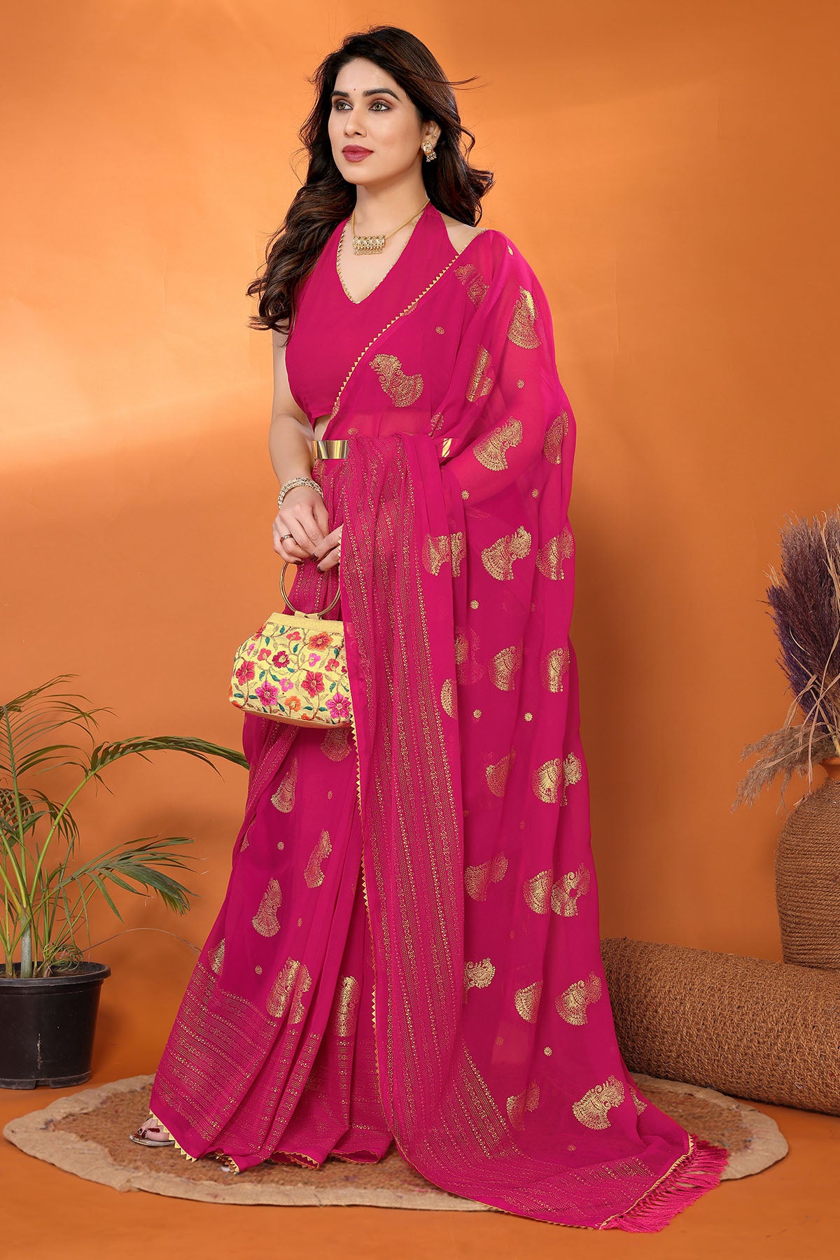 Pink Georgette Foil Work Saree