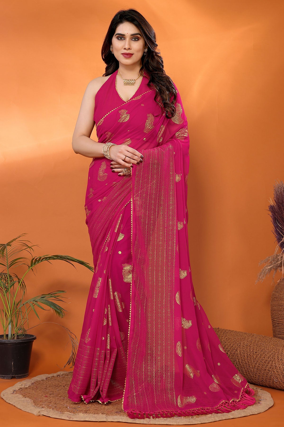 Buy Pink Georgette Foil Work Saree for women by Aastha Fashion online available at scrollnshops
