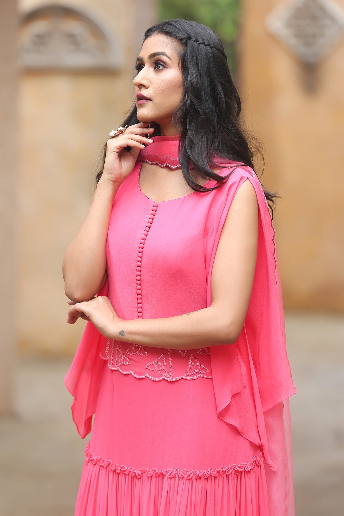 Pink Georgette Frill Lehenga Set