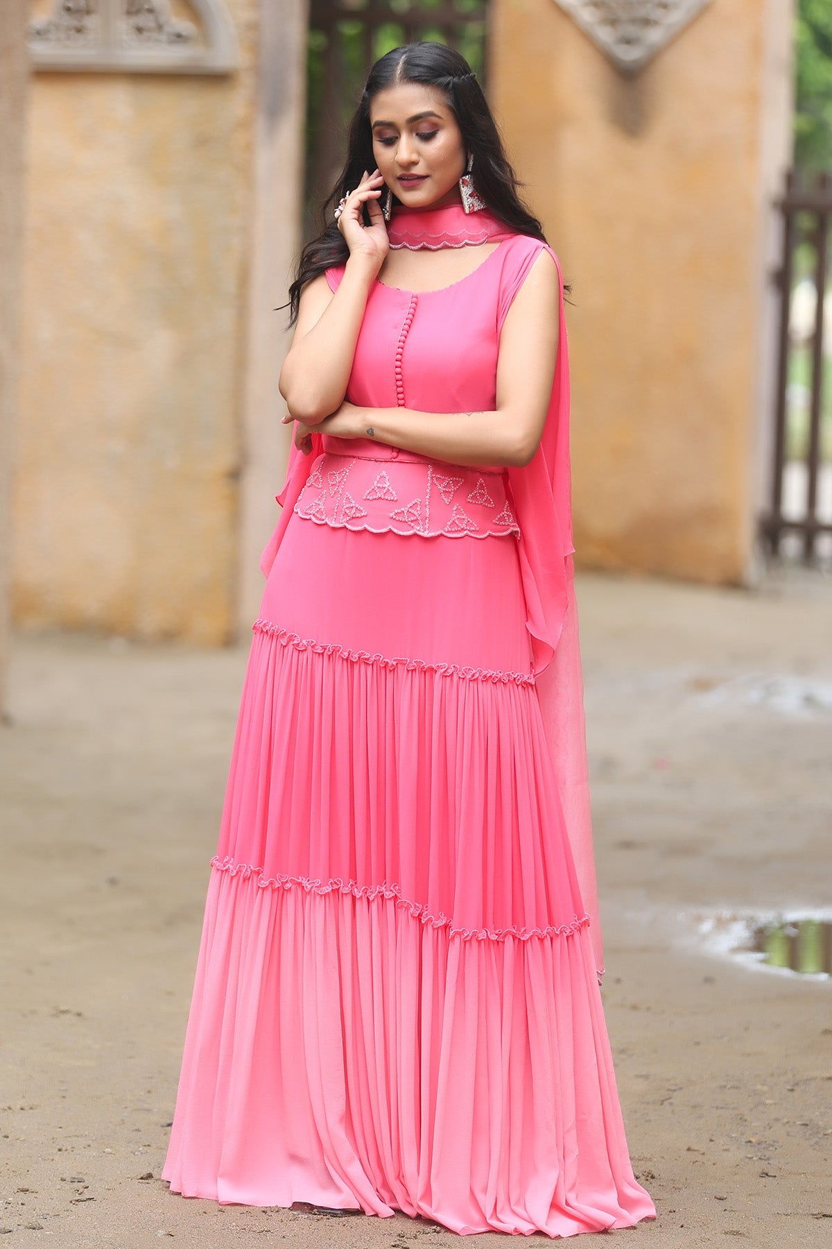 Buy Pink Georgette Frill Lehenga Set by Payal Dawar for women online at ScrollnShops