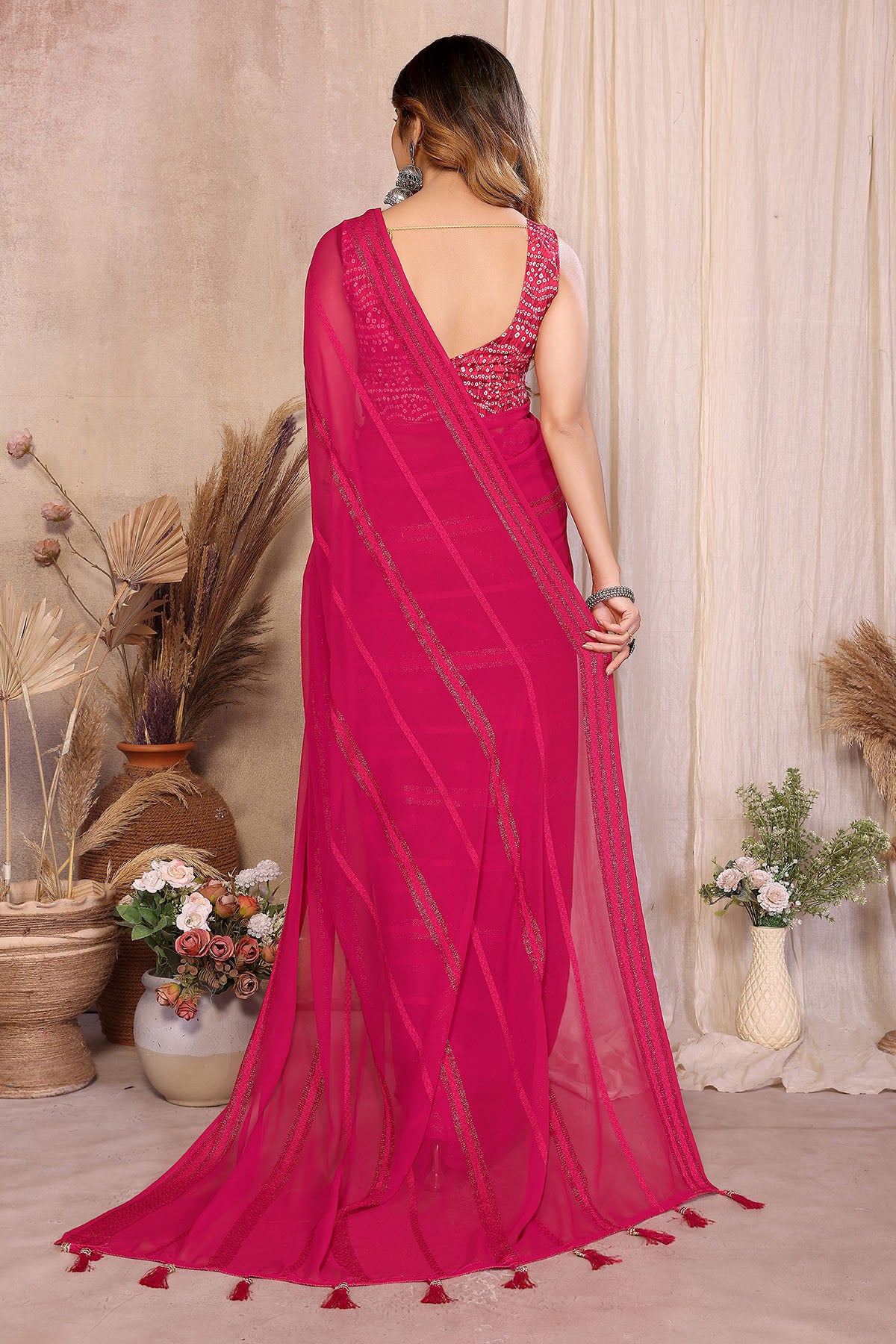 Pink Georgette Kaju Patta Saree