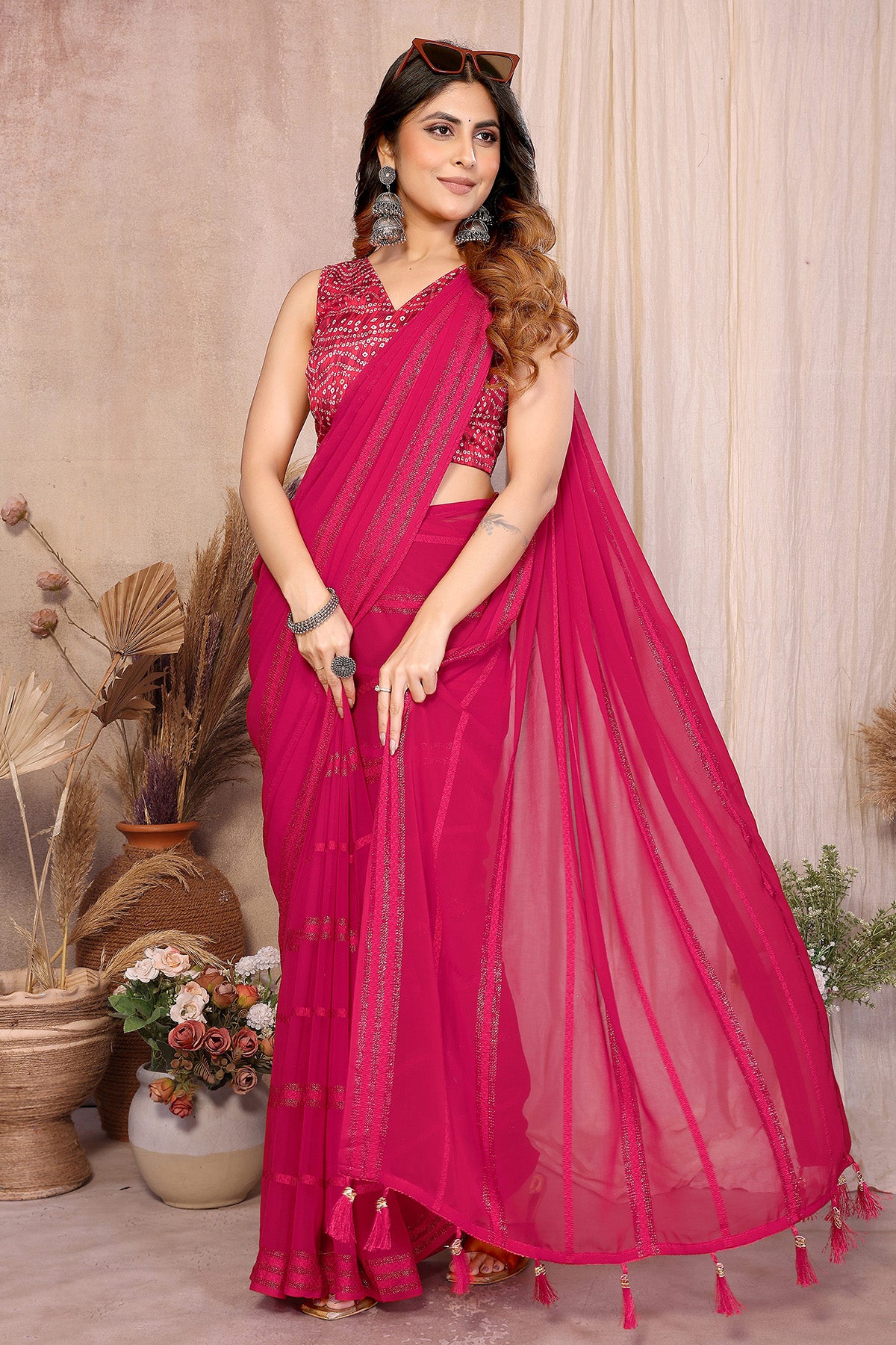 Pink Georgette Kaju Patta Saree