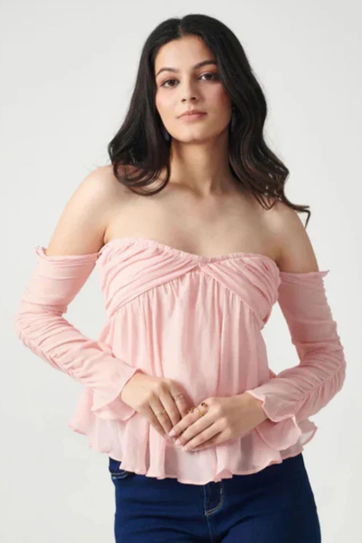 Buy Pink Georgette Off Shoulder Top for women online available at ScrollnShops