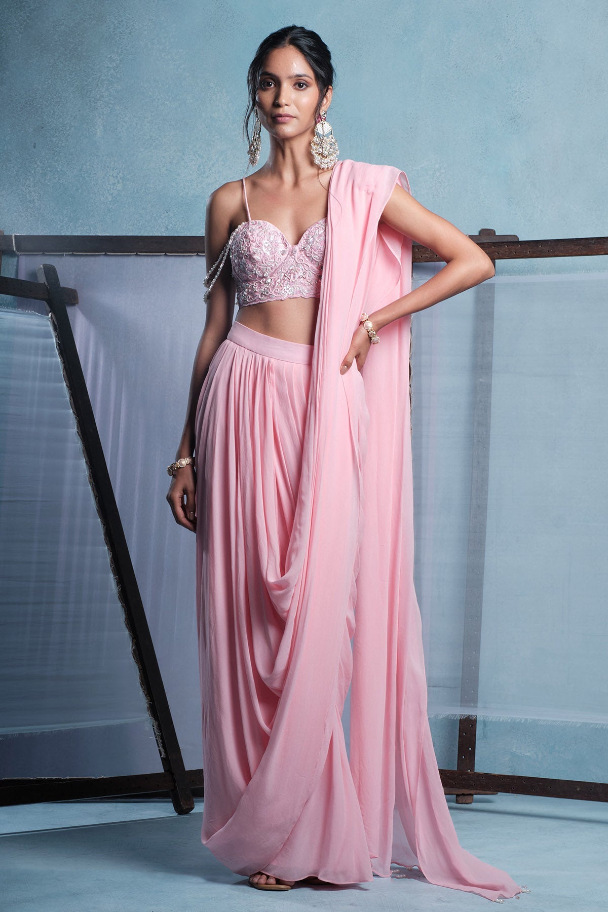 Buy Pink Georgette Pre-Draped Saree for women online available at Scrollnshops 