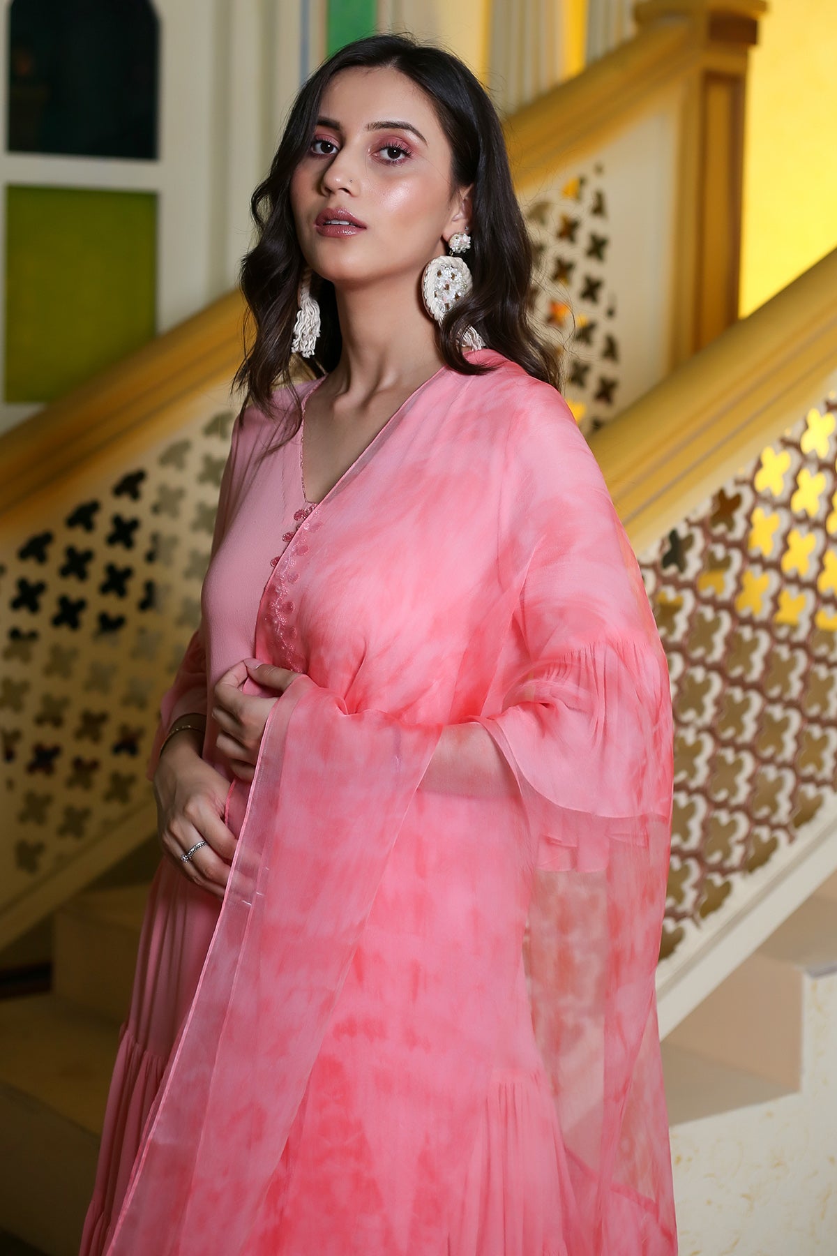 Pink Georgette Ruched Kurta Set