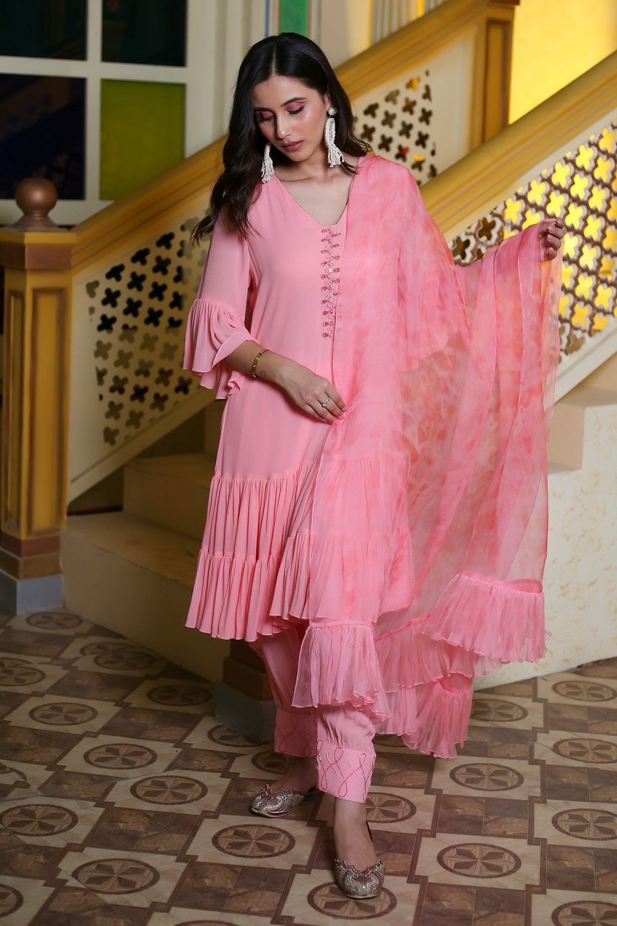 Buy Pink Georgette Ruched Kurta Set by Payal Dawar for women online at ScrollnShops