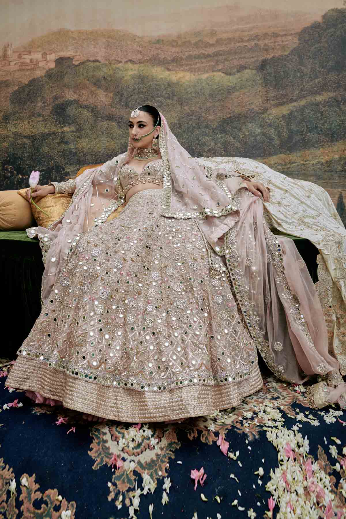 Buy ITRH, Designer Pink Gota Lehenga Set & Veil Online