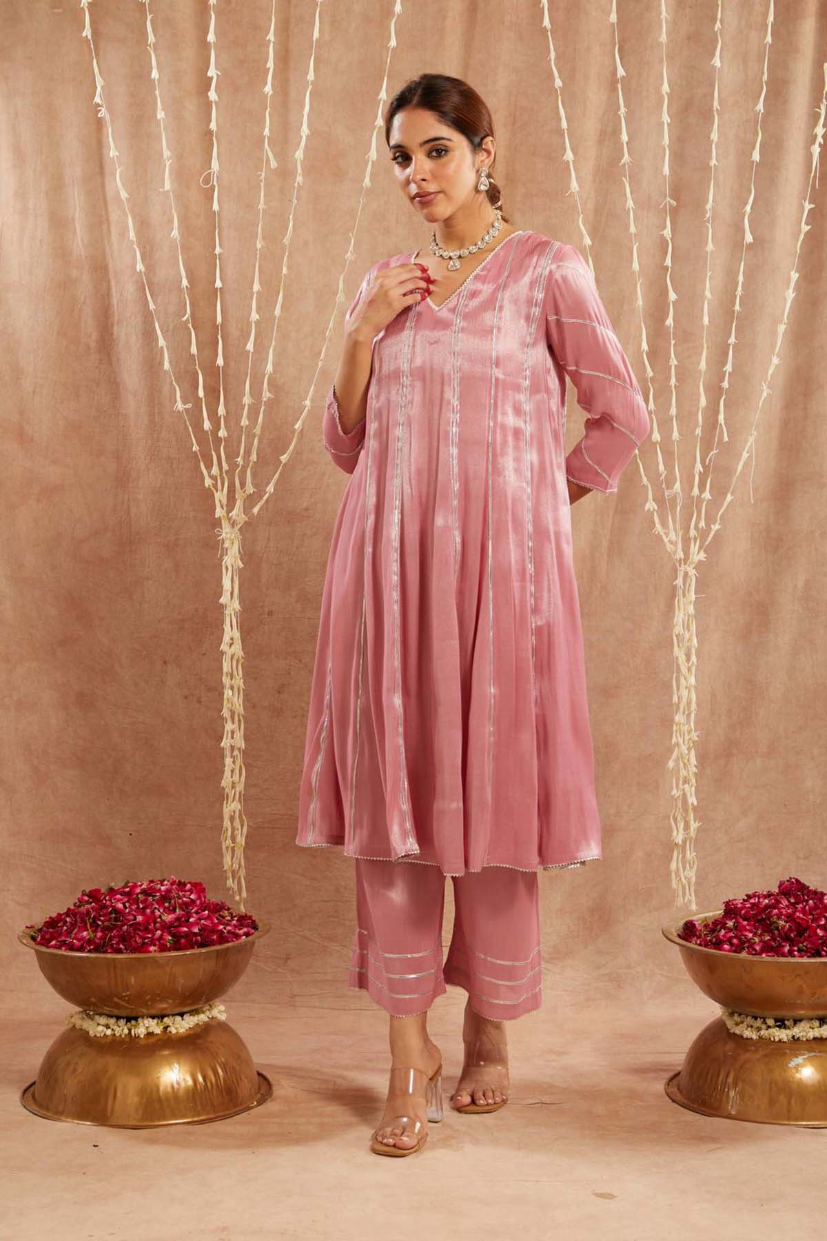 Buy Pink Gota Tissue Anarkali Set by Nero for women online at ScrollnShops