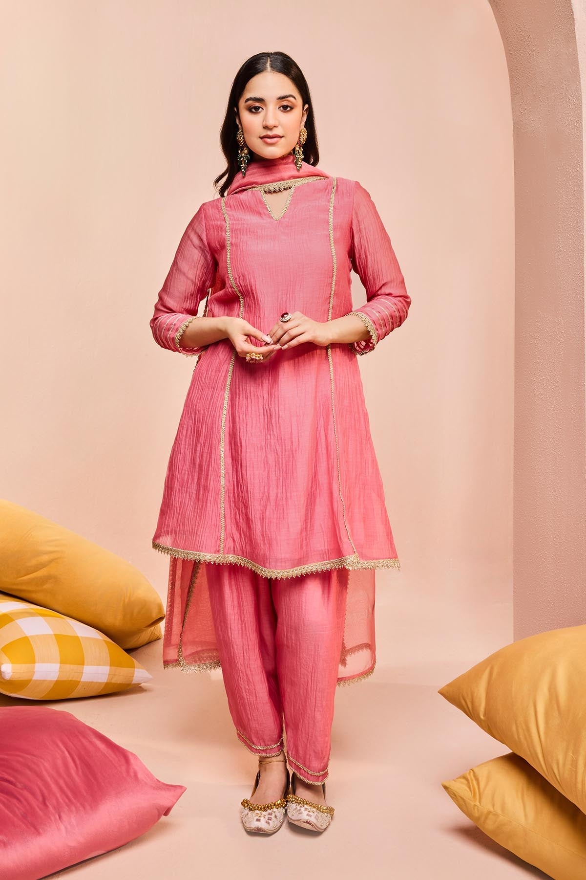 Buy Pink Gota Work Short Kurta Set by Dohr India for women online at ScrollnShops