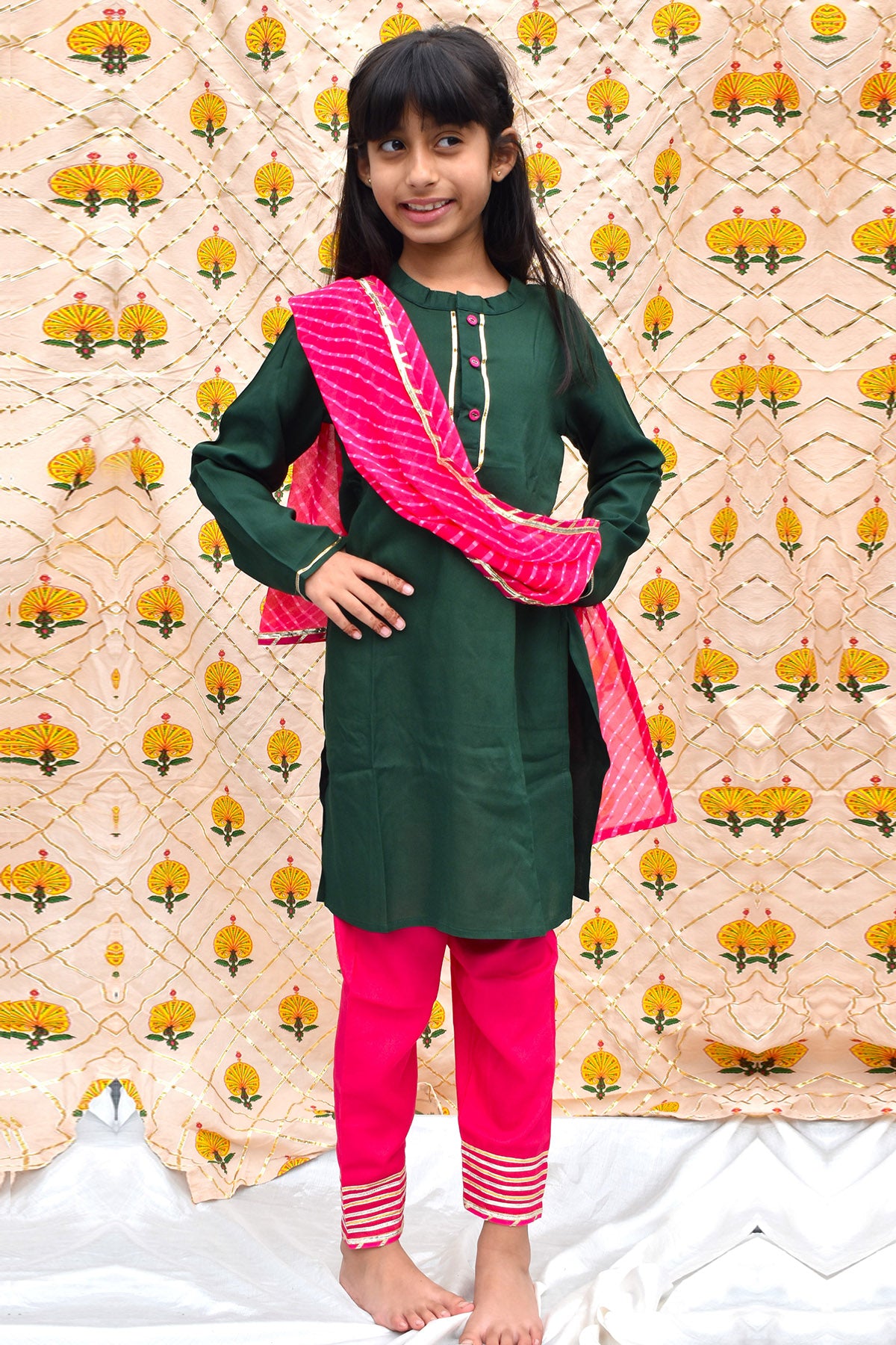 Pink & Green Button Kurta Set