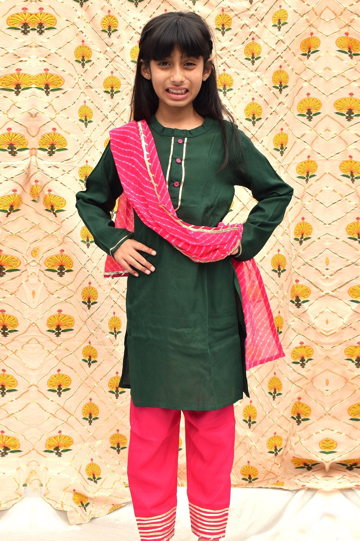 Buy Pink & Green Button Kurta Set for Kids by ViYa online available at scrollnshops