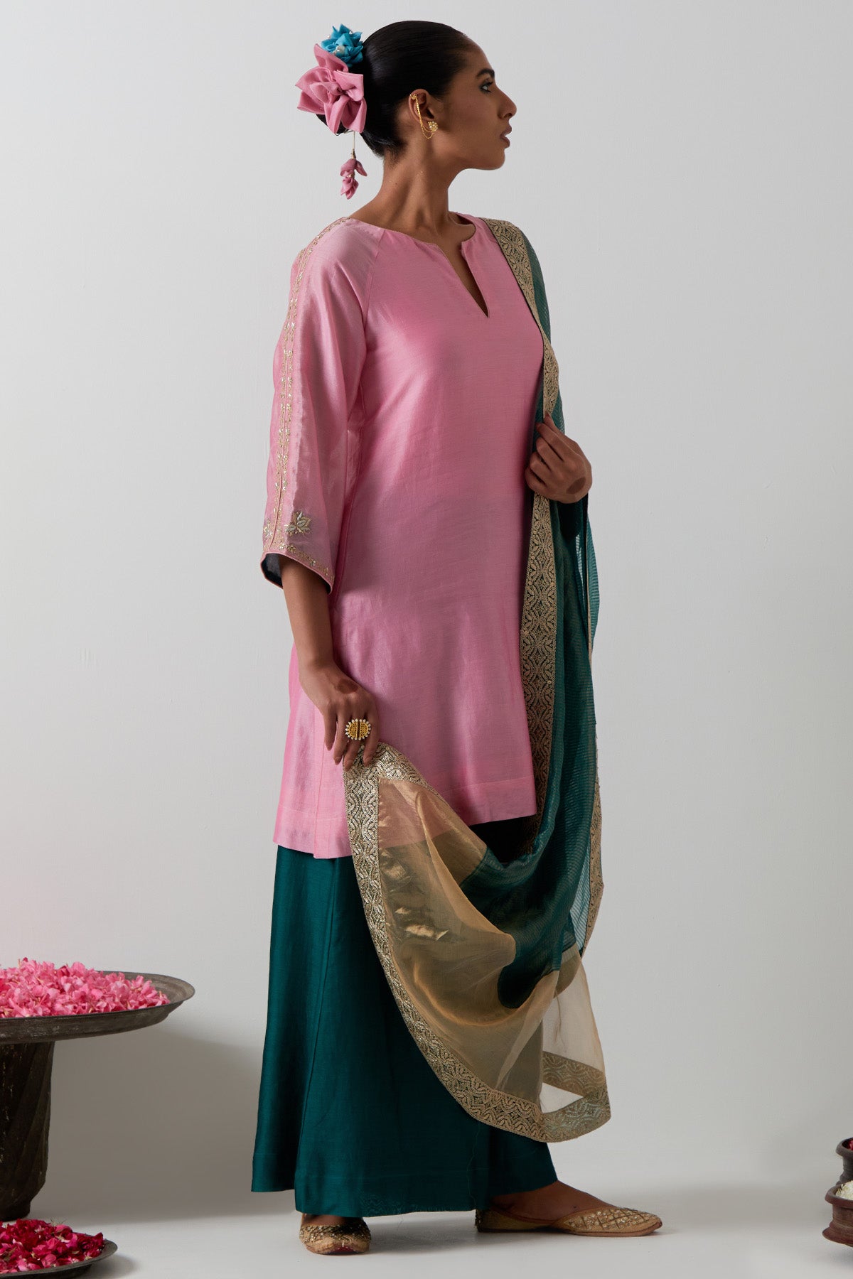 Pink & Green Chanderi Kurta Set